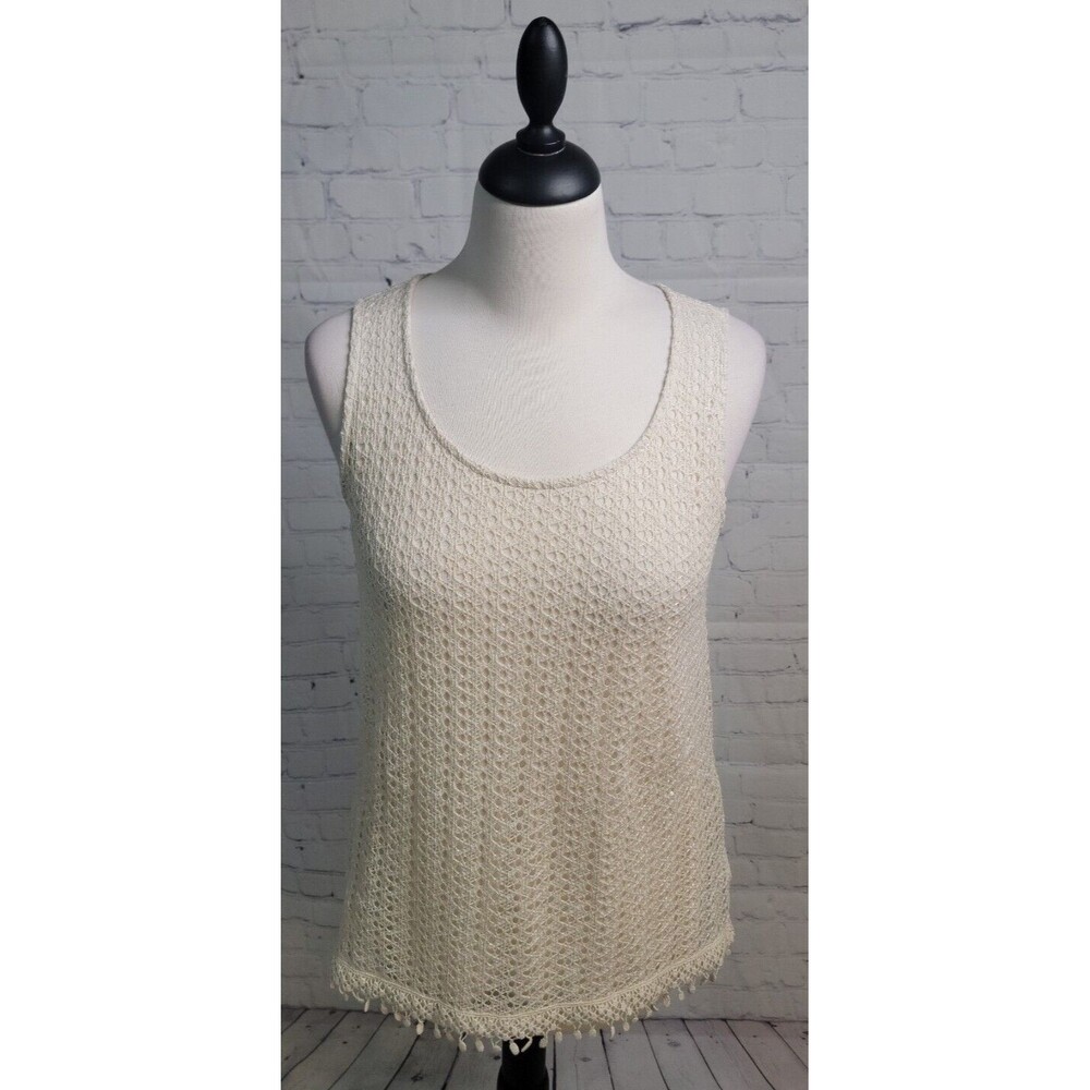 Chico's Sleeveless Crochet Scoop Fringe Bottom Neck Tunic Top Sz O US XS Ivory